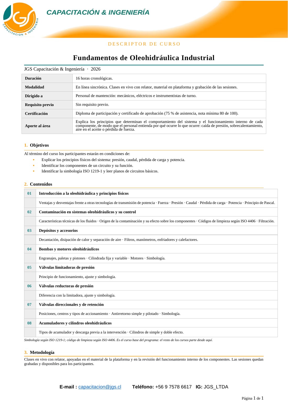 Descriptor del curso Fundamentos de Oleohidráulica Industrial