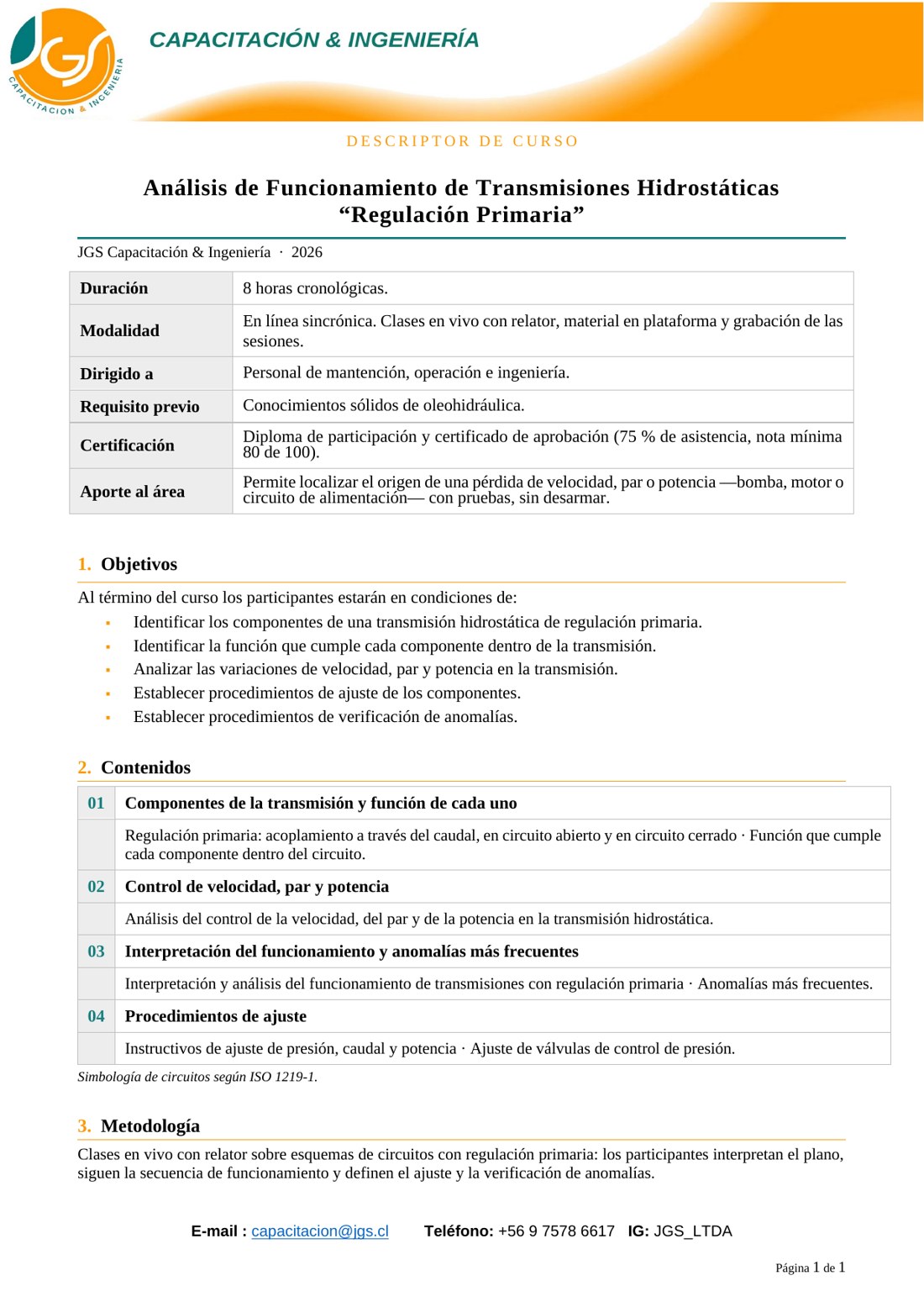 Descriptor del curso Transmisiones Hidrostáticas