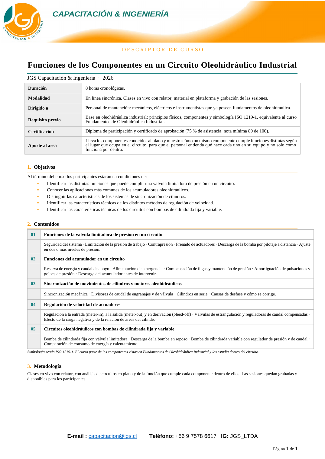 Descriptor del curso Funciones de los Componentes en un Circuito Oleohidráulico Industrial