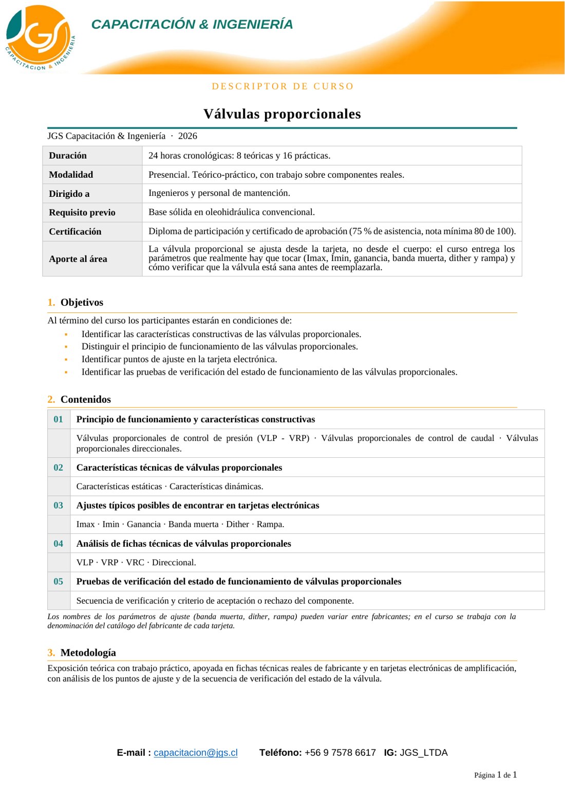Descriptor del curso Válvulas Proporcionales