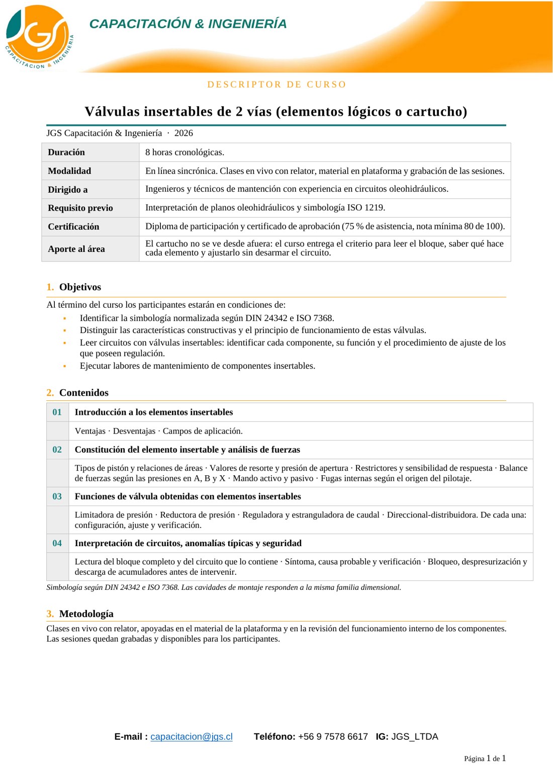 Descriptor del curso Válvulas Insertables de 2 Vías